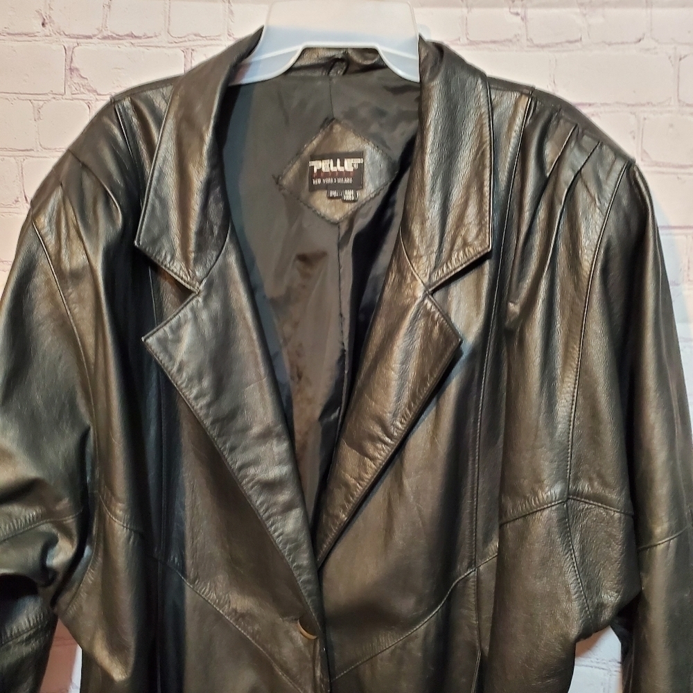 VINTAGE 80s LEATHER PELLE BLACK TRENCH COAT - Picture 2 of 11